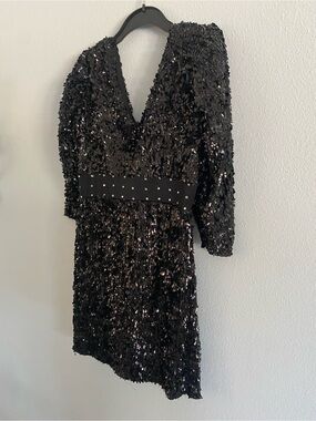 Kids Black Sequin V-Neck Party Jazz Dress with Studded Waist